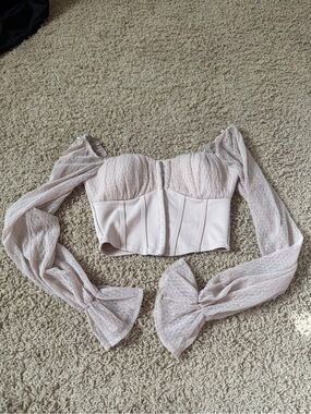 Windsor Light Blush Off-Shoulder Sheer Sleeve Corset Crop Top Small